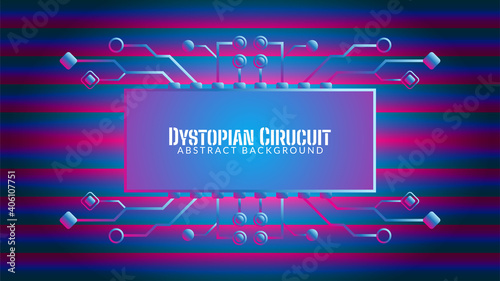 Cyberpunk Circuit in Gradient Bar Pattern. Dystopian Electronic Tree with Rectangle Shape. Vector Illustration. Abstract Background Design Template. Blue Pink Purple Violet Gradient Color Theme.