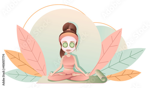 The girl is engaged in yoga. Meditation in the lotus position. Vector illustration in cartoon style for sports books, websites, magazines and etc