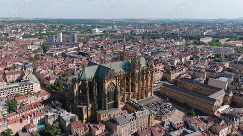 Metz, France: Aerial view of gothic Cathedral of Saint Stephen (Cathédrale Saint Étienne de Metz) in historic city center - landscape panorama of Europe from above