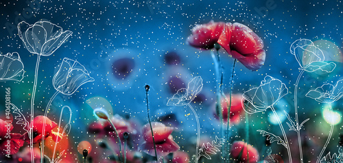 Red flowers and fireflies set