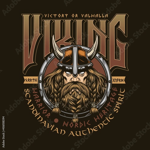 Viking warrior vintage colorful badge