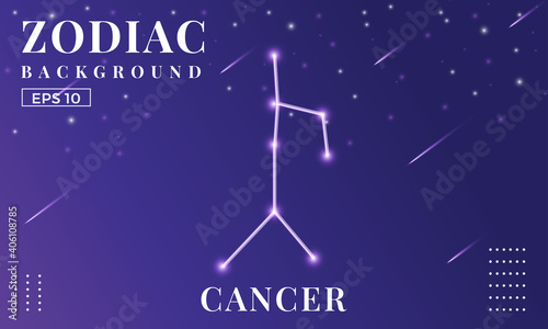 Zodiac Cancer background at night with beautiful shooting star and stars ornaments. Perfect for copybook brochures, school books, Notebook paper, book, magazine template.