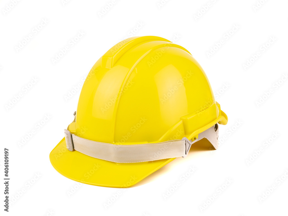 Fototapeta premium plastic yellow safety helmet or Construction hard hat concept safety project of workmen as engineer,isolated on white background