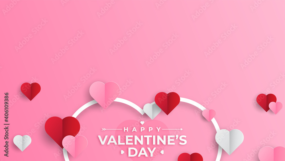 Valentine's day of craft paper design, contain pink hearts. Soft pink background feel like fluffy in the air, Happy Valentine's Day text. Vector Illustration