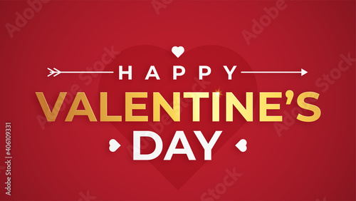 Happy Valentine's day gold on red background. Vector. Romantic quote postcard, card, invitation, banner template. 