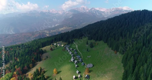 Aerial view of small Alpine village in Slovenia. Drone flying over spruce forest and mountain cabins. Alps mountains in the distance. Slow descending