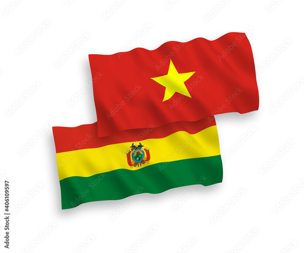 National vector fabric wave flags of Bolivia and Vietnam isolated on white background. 1 to 2 proportion.