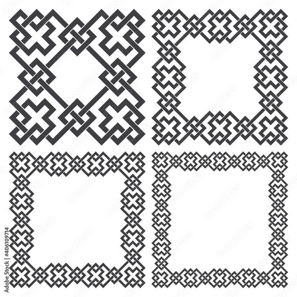 Set of square frames, rectangular patterns. 4 decorative elements for design with stripes braiding borders. Black lines on white background.