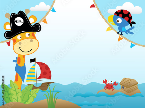 Vector cartoon of blank empty background frame with funny pirates, giraffe with bird hunting treasure