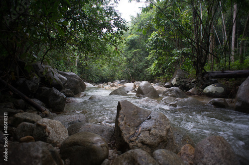 Beauituful stream in tropical rainforest scenery in the morning.Selective focus shot.