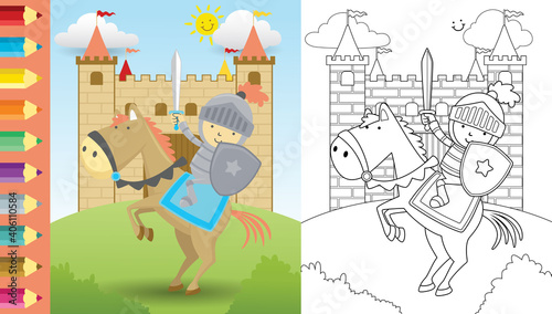 Vector cartoon of knight with sword and shield riding horse on castle background, coloring book or page