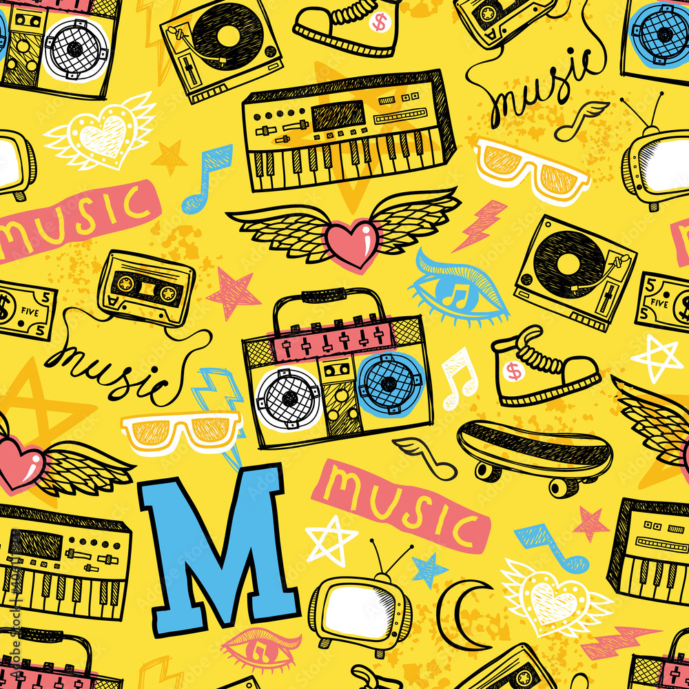Seamless pattern vector of musical instruments with musical symbol, television, skateboard and shoe in hand drawn style