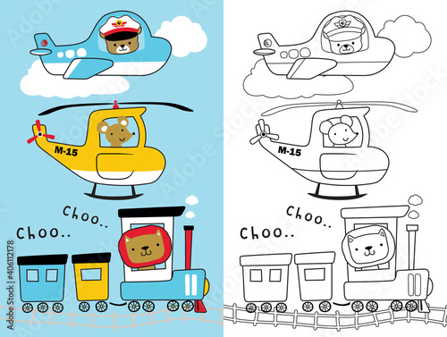 Means of transport collection with funny animals, coloring book or page for kids
