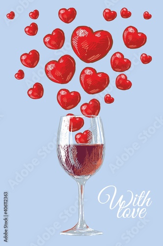 Collage with wine glasses and hearts, Valentine's Day card, hand-drawn.