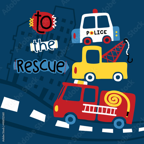 Vector cartoon of pile of emergency vehicles cartoon