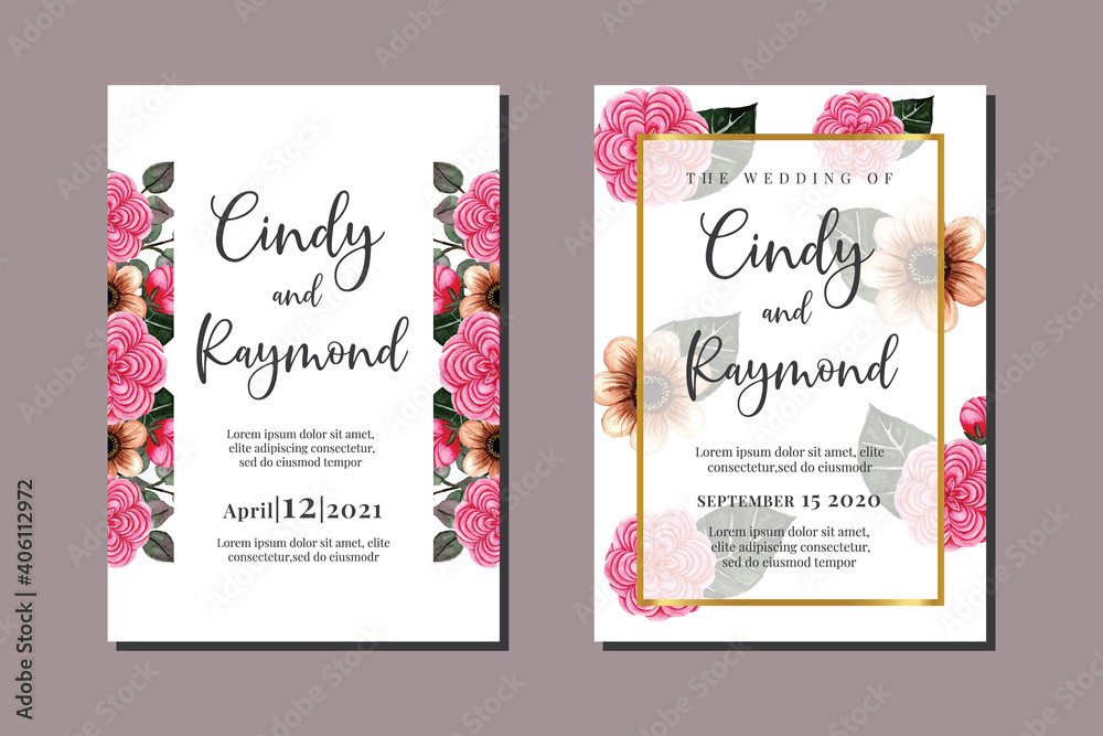 Wedding invitation frame set, floral watercolor hand drawn Camellia Flower design Invitation Card Template