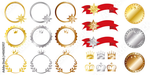 Set of emblem design elements. Gold, Silver, Bronze medal illustration for advertising, store promotion, banner and web design. Vector illustration. メダルイラスト、エンブレムアイコンセット、ベストセラー、プロモーション広告デザインイラスト