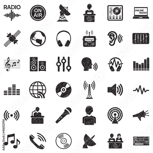 Radio Station Icons. Black Scribble Design. Vector Illustration.