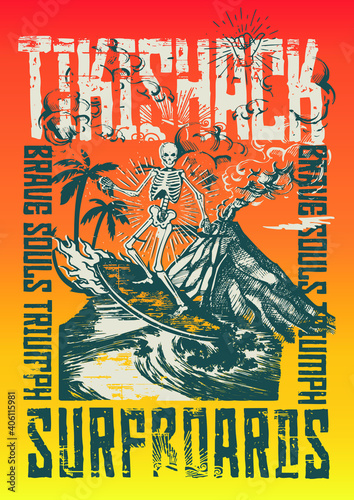Vector print designs with Hawaii, tropical, surf, tiki mask themed.