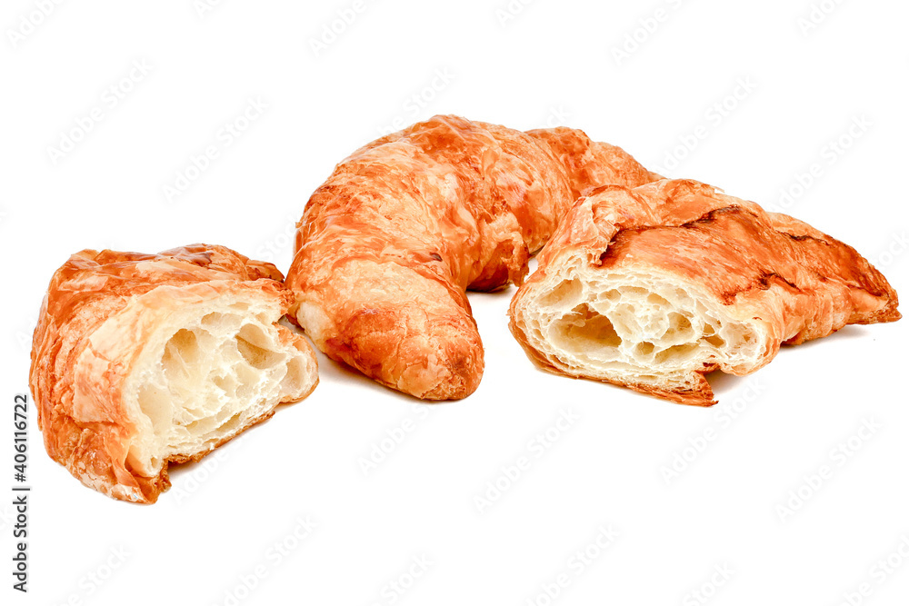 Fresh bread croissant isolated on a white background, Baked butter and powder , bakery and Dessert concept Fresh bread croissant isolated on a white background, Baked butter and powder , bakery and Dessert concept
