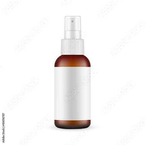 Frosted Dark Glass Spray Bottle Mockup With Blank Label, Front View, Isolated on White Background. Vector Illustration