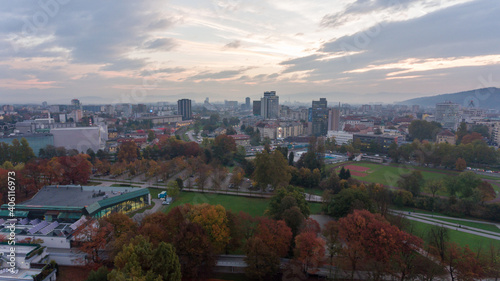 Spectacular morning panoramic city view of Ljubljana.