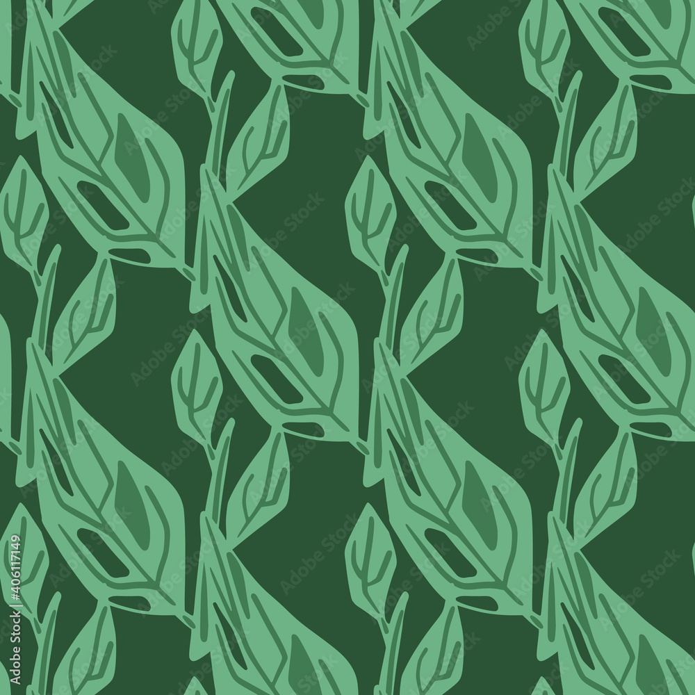 Fototapeta premium Decorative seamless pattern with simple contoured leaf elements. Green artwork.