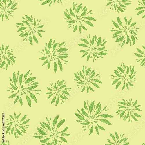 Tropical simple leaves silhouettes seamless random pattern. Light yellow background. Cartoon foliage print.