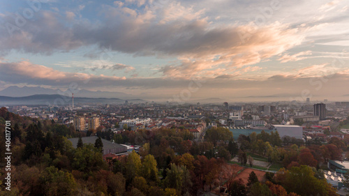 Spectacular morning panoramic city view of Ljubljana.