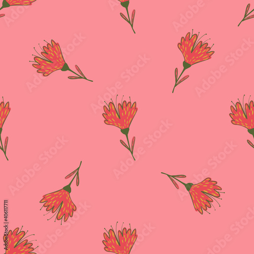 Random seamless pattern in minimalistic style with red flowers on pink background.