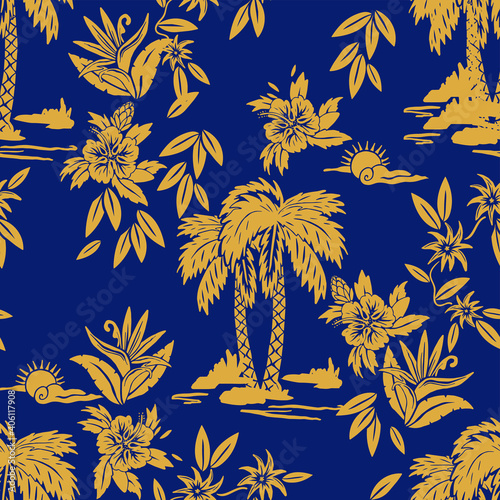 Seamless vector print designs with Hawaii, tropical, surf, palm tiki mask themed.