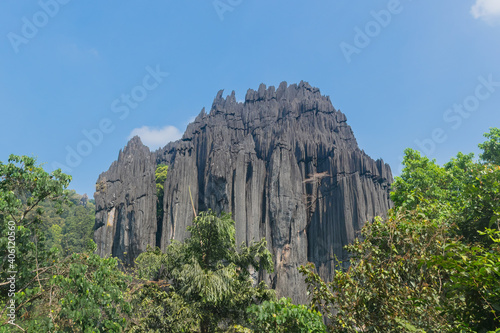 Panoramic view of massive and unusual karst rock outcrop known as Bhairaveshwara Shikhara located in Yana, Karnataka, India photo