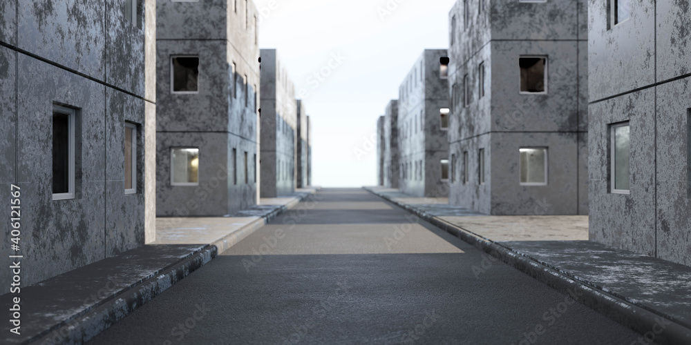 industrial grunge plattenbau building facades with lost places desig 3d render illustration