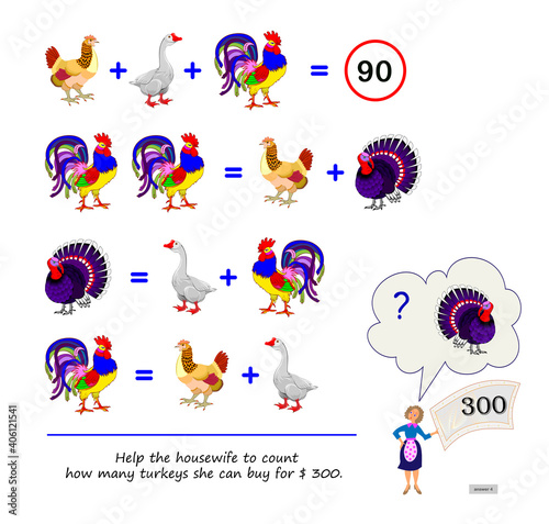 Math logic puzzle game for smartest. Help the housewife to count how many turkeys she can buy for $ 300. Page for brain teaser book. Play online. IQ test. Memory training for seniors.