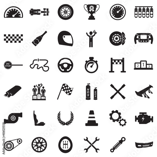 Racing Icons. Black Flat Design. Vector Illustration.