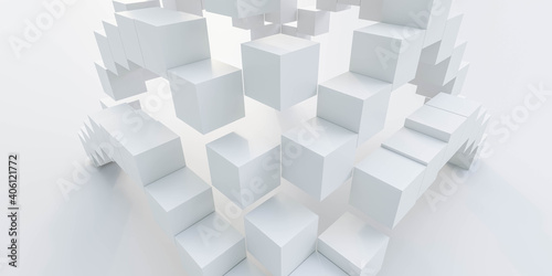 abstract white cubes arranged in white space 3d render illustration