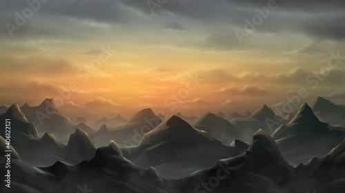 Background of rocky mountains that stretch to the horizon in a twilight environment. Fantasy landscape. Digital painting illustration