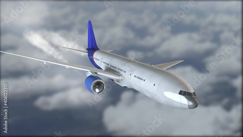 The plane changes course and drops altitude A white plane with a blue stripe is flying in the clouds. Blurred background. The grey clouds. Liner in the sky close-up. Flyby. 3D, 4K Animation realistic photo