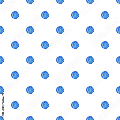 Seamless pattern with blue watercolor circles on white background. Vector seamless cute pattern