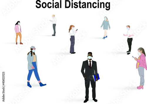 People of different professions and ethnicities keep their distance in protective masks. Social distancing concept to prevent the covid-19 coronavirus. Vector illustration.