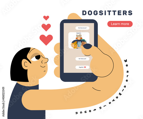 The girl holds a smartphone in her hand and looks at the chat screen with the dogsitter.
