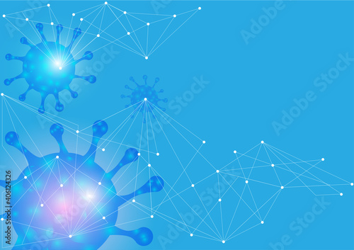 Coronavirus outbreak on the blue background, pandemic medical health, disease cells, polygon, spread around 