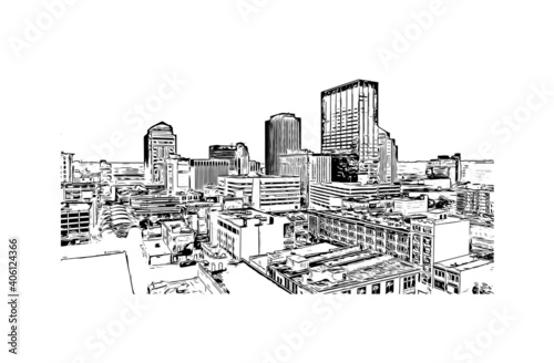 Building view with landmark of Dayton is a city in western Ohio. Hand drawn sketch illustration in vector.