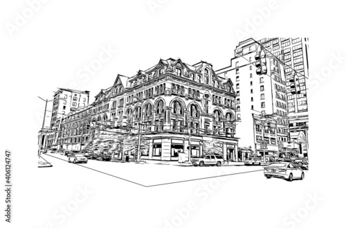 Building view with landmark of Dayton is a city in western Ohio. Hand drawn sketch illustration in vector.
