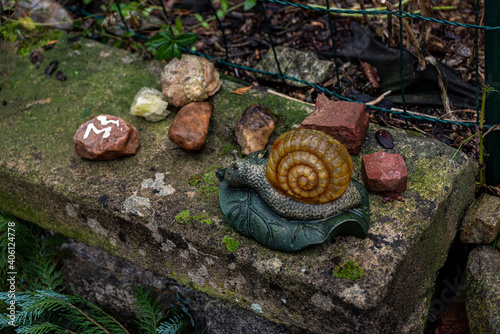 described stones and a snail on the wall