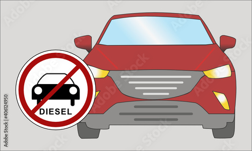 Ein rotes Auto neben einem Verbotsschild für Diesel Fahrzeuge vor grauem Hintergrund