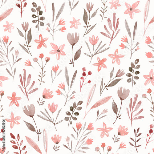 Hand drawn watercolor seamless pattern. Wild plants, wild flowers. Cute meadow with different plants and flowers. Pink background.