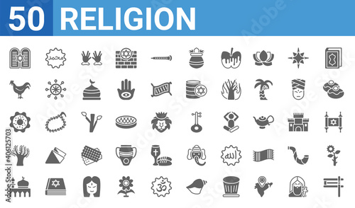 set of 50 religion web icons. filled glyph icons such as gragger,halakha,medina,tree of life,jewish bagels,chicken,muhammad word,sitar. vector illustration