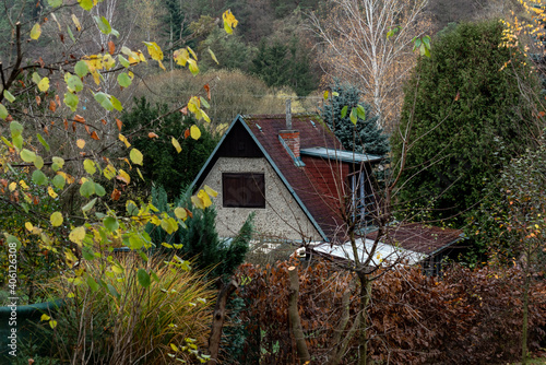 small cottage among colorful trees and bushes in autumn
