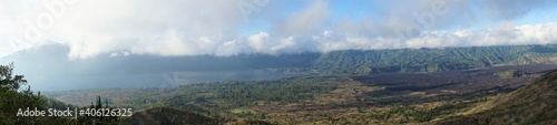 Panoramic view of a lake surrounded by mountain, Danau Batur, Gunung Batur, Kintamani, in Bali island, Indonesia. 